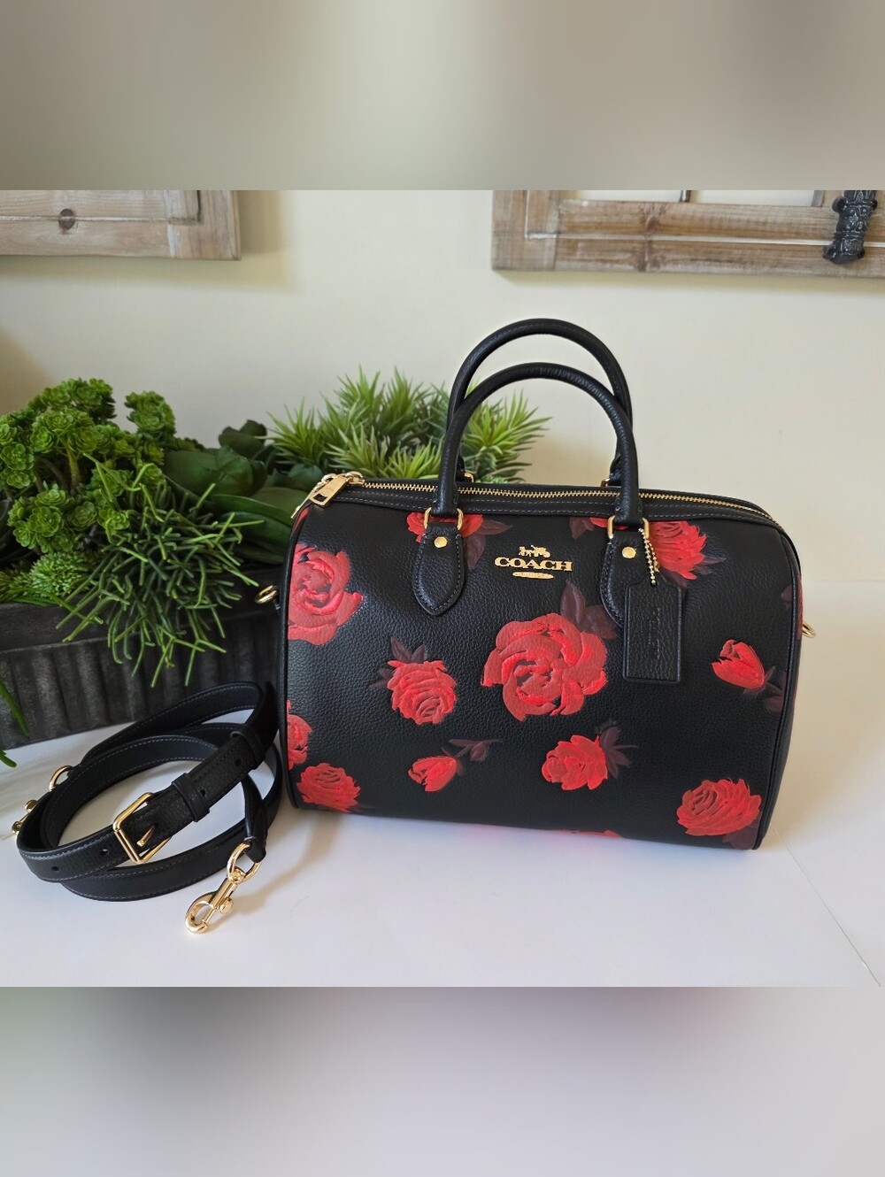 Coach Rowan Rose Print Large Satchel Crossbody Red Floral New Without Tags - Picture 2 of 15